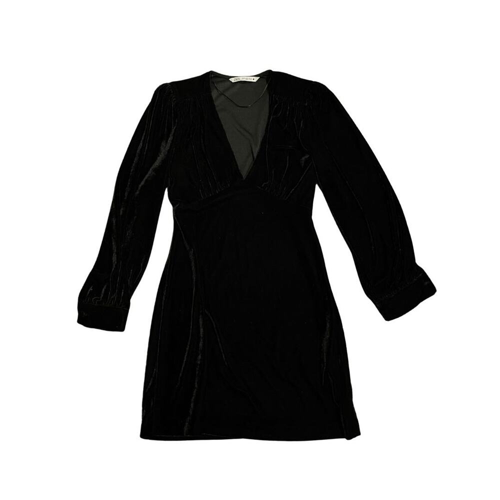 Zara Alessa Black Velvet Long Sleeve V-Neck Short Dress SZ Small Cocktail Party
